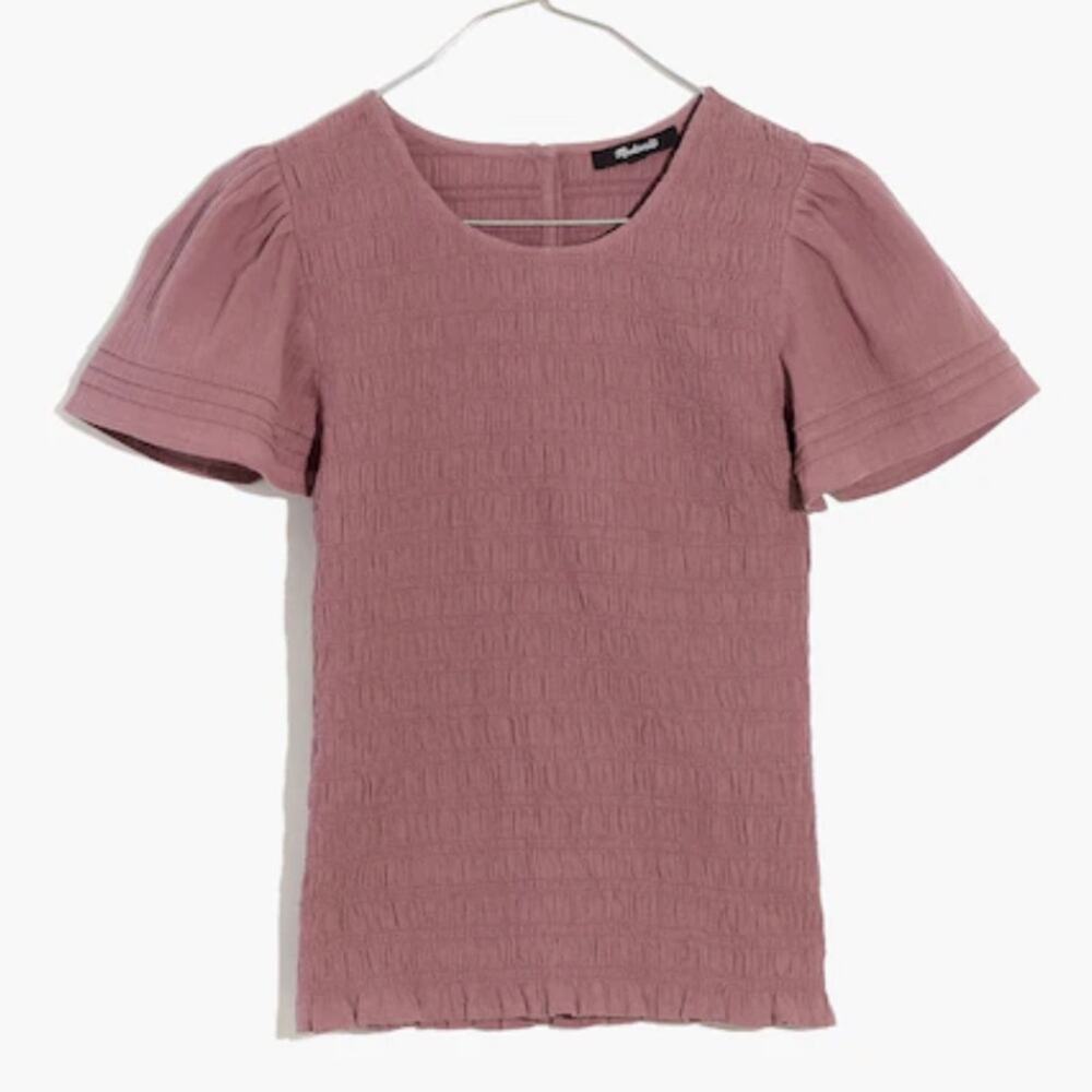 Madewell Lucie Flutter-Sleeve Smocked Bodice Top - Fig Size M